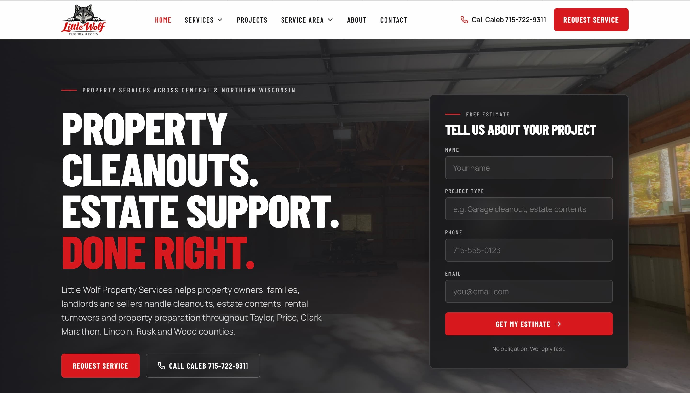 Little Wolf Property Services website on desktop, designed and built by Tech Turtle