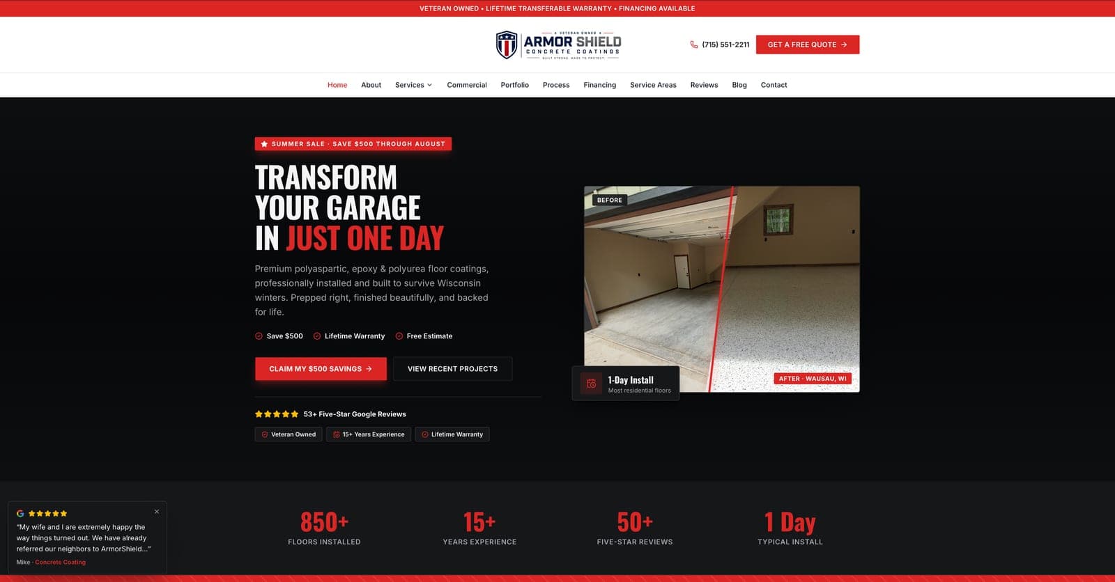 ArmorShield Concrete Coatings website homepage shown on desktop