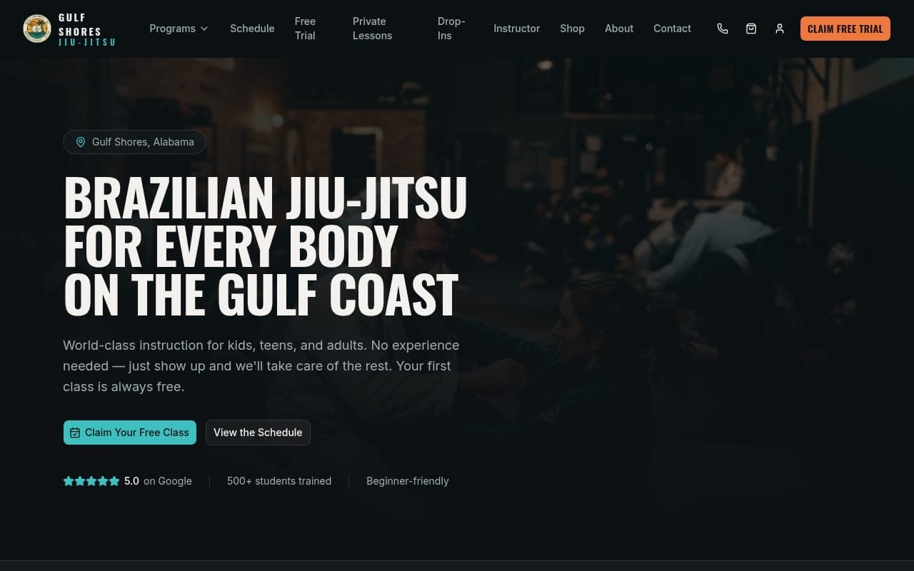Gulf Shores BJJ martial arts website shown on desktop and mobile devices