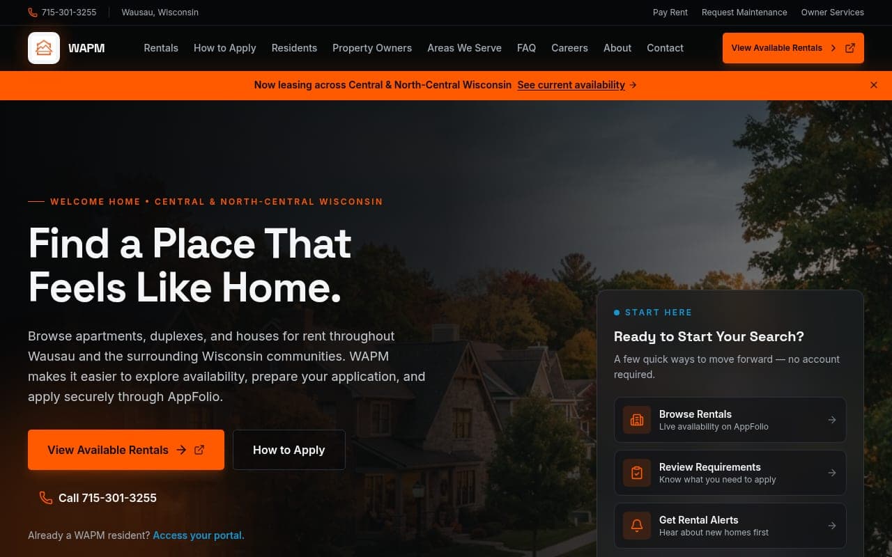Wausau Area Property Management rental website shown on desktop and mobile devices