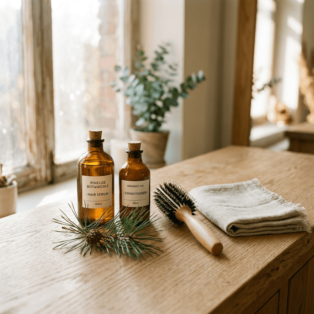 Salon products and brush on an oak counter