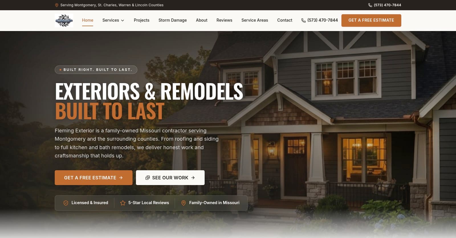 Fleming Exterior LLC website on desktop, designed and built by Tech Turtle