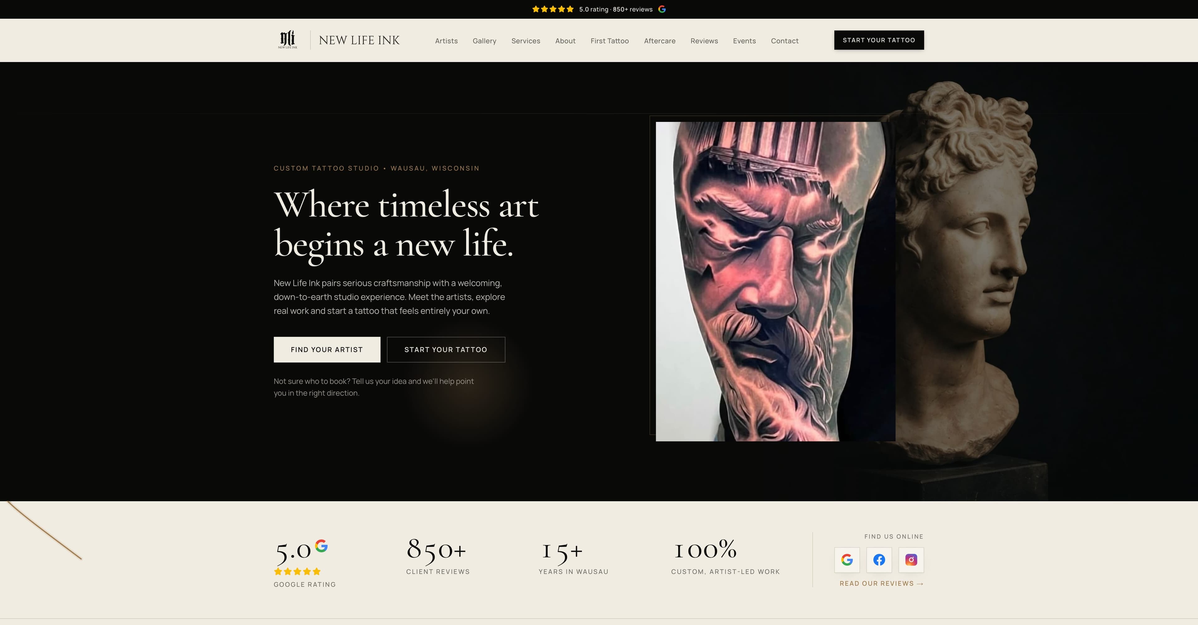 New Life Ink custom artist-led desktop website by Tech Turtle, showing the 5.0 rating, 850+ reviews and Find Your Artist and Start Your Tattoo actions — after