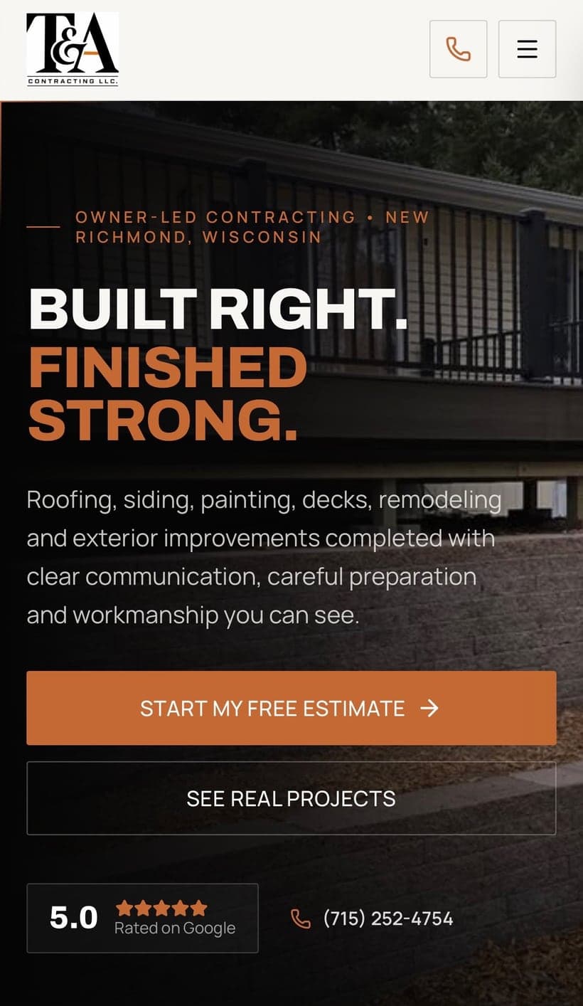 T & A Contracting website built by Tech Turtle, phone view