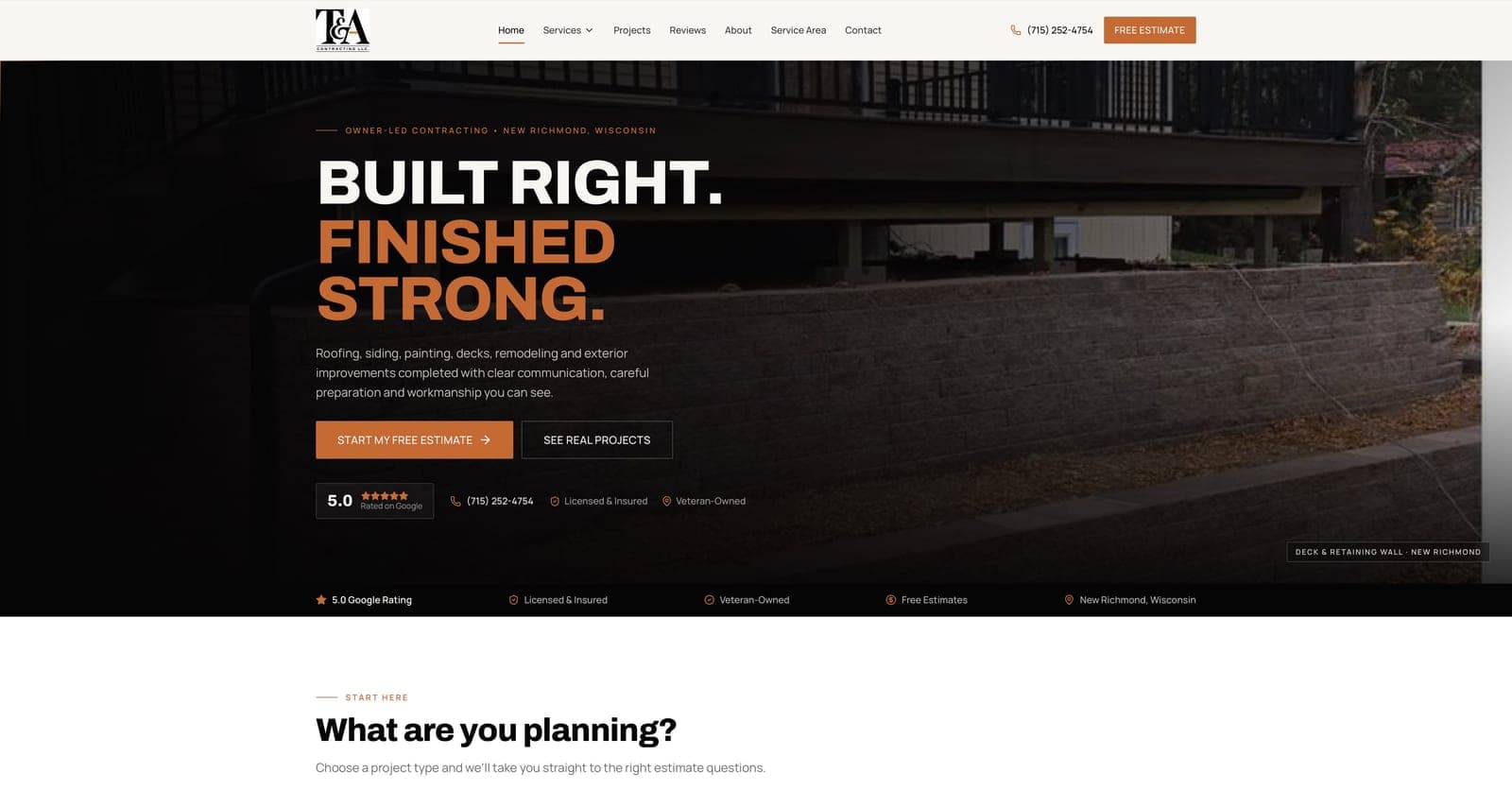 T & A Contracting LLC. website on desktop, designed and built by Tech Turtle