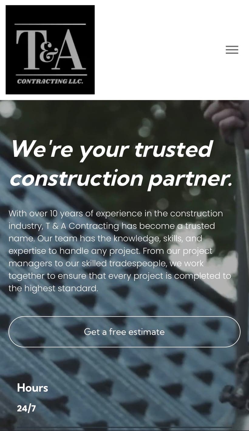 T & A Contracting previous website, phone view