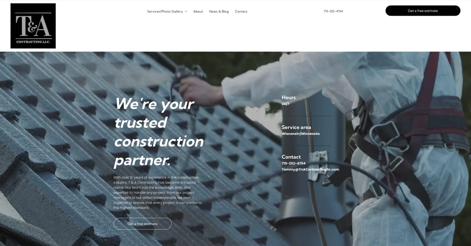 T & A Contracting previous website, desktop view